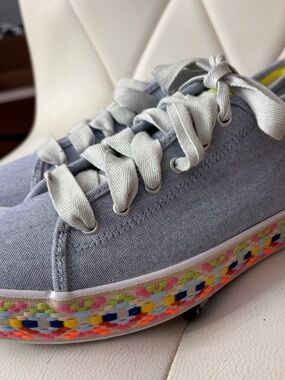 Keds Light Denim Blue Canvas Sneakers with Multicolor Woven Platform